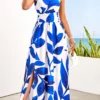 Blue Asymmetry Leaf Print Sleeveless Maxi Dress