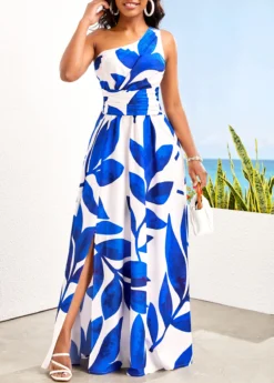 Blue Asymmetry Leaf Print Sleeveless Maxi Dress