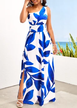Blue Asymmetry Leaf Print Sleeveless Maxi Dress 10 Blue Asymmetry Leaf Print Sleeveless Maxi Dress -Elegance Swimwear Store 325677 P 16793751583374