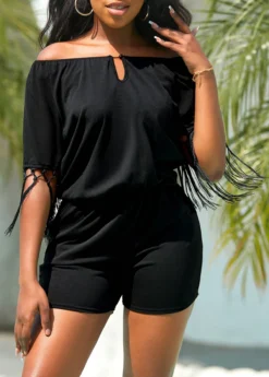 Black Tassel Short Half Sleeve Off Shoulder Romper -Elegance Swimwear Store 325695 P 16789333373684