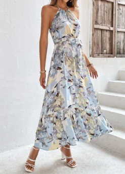 Light Blue Bowknot Floral Print Belted Strappy Dress -Elegance Swimwear Store 326102 P 16780773510482