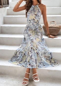 Light Blue Bowknot Floral Print Belted Strappy Dress -Elegance Swimwear Store 326102 P 16780773511923