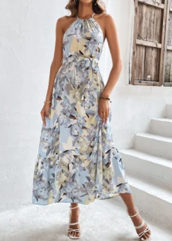 Light Blue Bowknot Floral Print Belted Strappy Dress -Elegance Swimwear Store 326102 P 16780773513684