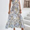 Light Blue Bowknot Floral Print Belted Strappy Dress