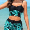 Mint Green Drawstring High Waisted Leaf Print Bikini Set