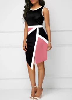 Pink Split Geometric Print Sleeveless Bodycon Dress -Elegance Swimwear Store 326216 P 1675929225930