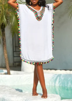 Tassel Patchwork Weave White Cover Up -Elegance Swimwear Store 326261 P 16789341470112
