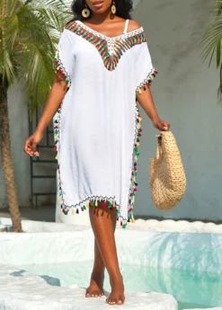 Tassel Patchwork Weave White Cover Up -Elegance Swimwear Store 326261 P 16789341472574
