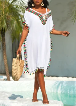 Tassel Patchwork Weave White Cover Up