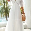 White Lace Three Quarter Length Sleeve Maxi Dress