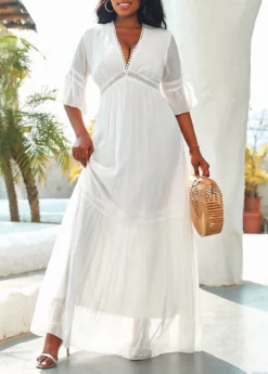 White Lace Three Quarter Length Sleeve Maxi Dress -Elegance Swimwear Store 326265 P 16789563459993