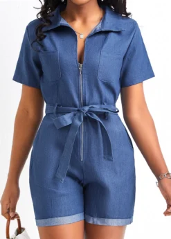Denim Blue Pocket Short Belted Romper -Elegance Swimwear Store 326341 P 16776669681813