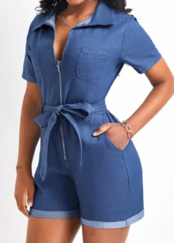 Denim Blue Pocket Short Belted Romper