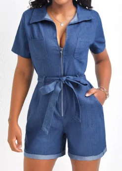 Denim Blue Pocket Short Belted Romper -Elegance Swimwear Store 326341 P 16776669685970