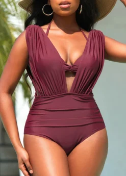 Ruched Dark Reddish Purple Tie Back Bikini Set -Elegance Swimwear Store 326462 P 16789343623713