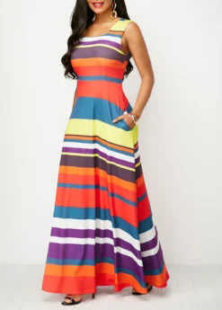 Multi Color Pocket Striped Sleeveless Maxi Dress -Elegance Swimwear Store 326538 P 1676356549941