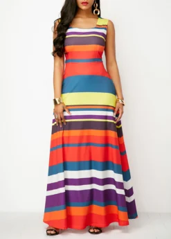 Multi Color Pocket Striped Sleeveless Maxi Dress -Elegance Swimwear Store 326538 P 1676356550979