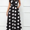 Black Button Polka Dot Sleeveless Lapel Maxi Dress
