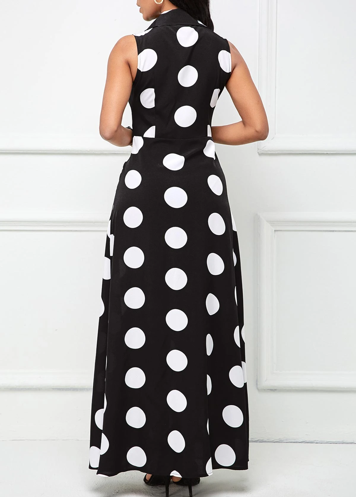 Black Button Polka Dot Sleeveless Lapel Maxi Dress 2 Black Button Polka Dot Sleeveless Lapel Maxi Dress - Image 2