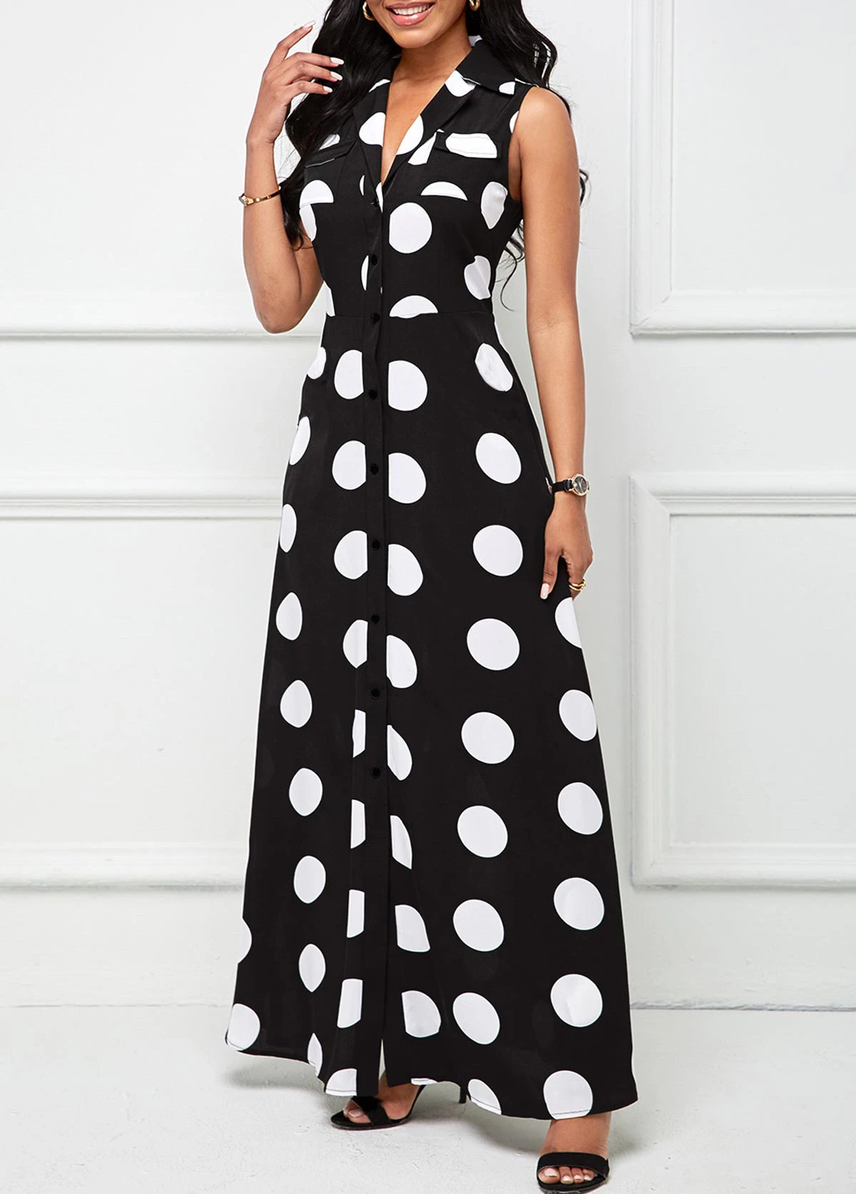 Black Button Polka Dot Sleeveless Lapel Maxi Dress 4 Black Button Polka Dot Sleeveless Lapel Maxi Dress - Image 4