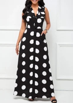Black Button Polka Dot Sleeveless Lapel Maxi Dress 6 Black Button Polka Dot Sleeveless Lapel Maxi Dress -Elegance Swimwear Store 326540 P 1681799229847