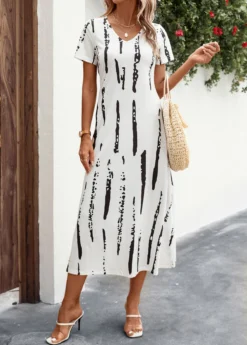 White Split Striped A Line Short Sleeve Dress -Elegance Swimwear Store 326569 P 16792880130964