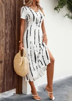 White Split Striped A Line Short Sleeve Dress -Elegance Swimwear Store 326569 P 16792880131622
