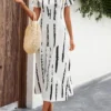 White Split Striped A Line Short Sleeve Dress