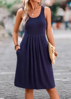 Navy Pleated H Shape Sleeveless Scoop Neck Dress