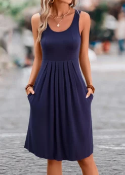 Navy Pleated H Shape Sleeveless Scoop Neck Dress -Elegance Swimwear Store 326579 P 16795364866763