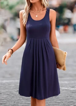 Navy Pleated H Shape Sleeveless Scoop Neck Dress -Elegance Swimwear Store 326579 P 16795364869755