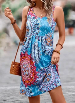 Blue Pleated Tribal Print Short H Shape Dress -Elegance Swimwear Store 326580 P 16799855351753