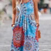 Blue Pleated Tribal Print Short H Shape Dress
