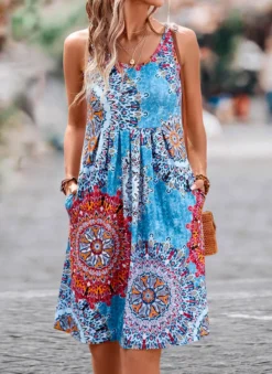 Blue Pleated Tribal Print Short H Shape Dress