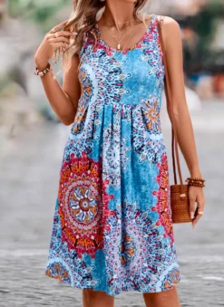 Blue Pleated Tribal Print Short H Shape Dress -Elegance Swimwear Store 326580 P 16799855354144