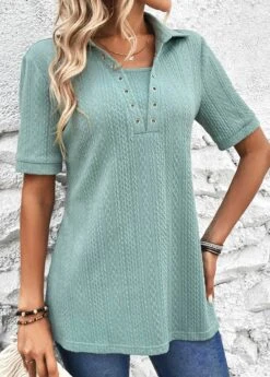 Plus Size Mint Green Eyelet Short Sleeve Blouse -Elegance Swimwear Store 326593 P 16798805419493
