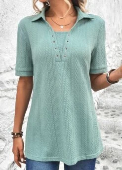 Plus Size Mint Green Eyelet Short Sleeve Blouse -Elegance Swimwear Store 326593 P 16798805419590