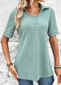 Plus Size Mint Green Eyelet Short Sleeve Blouse -Elegance Swimwear Store 326593 P 16798805422064