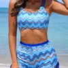 Drawstring Mid Waisted Wave Pattern Print Bikini Set