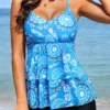 Layered Mid Waisted Paisley Print Blue Tankini Set