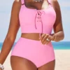 Circular Ring High Waisted Pink Bikini Set