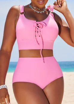 Circular Ring High Waisted Pink Bikini Set -Elegance Swimwear Store 327010 P 16848400963332