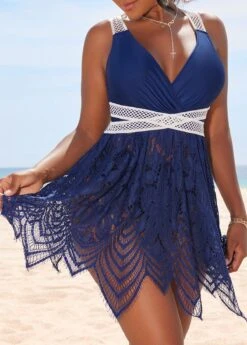 Lace Patckwork Surplice Navy Swimdress Set