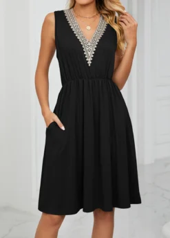 Black Patchwork V Neck Dress