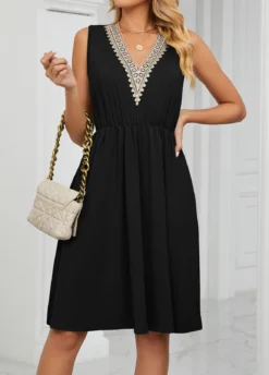 Black Patchwork V Neck Dress -Elegance Swimwear Store 327055 P 1676857028408