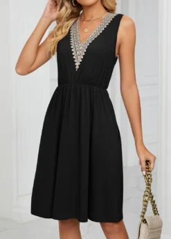 Black Patchwork V Neck Dress -Elegance Swimwear Store 327055 P 1676857028640