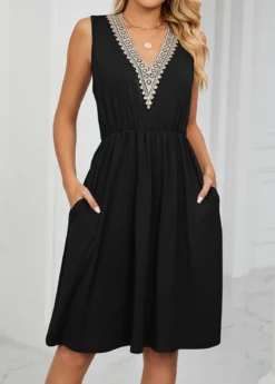 Black Patchwork V Neck Dress -Elegance Swimwear Store 327055 P 1676857029127