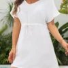 Drawstring White Short Sleeve Cover Up