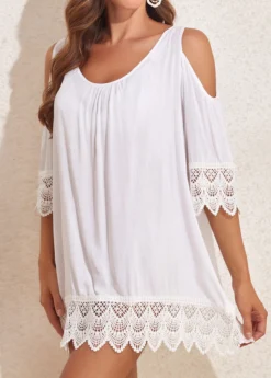 Lace Tie Back Patchwork White Cover Up -Elegance Swimwear Store 327140 P 16805029054793