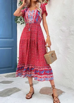 Red Button Ditsy Floral Print Short Sleeve Dress